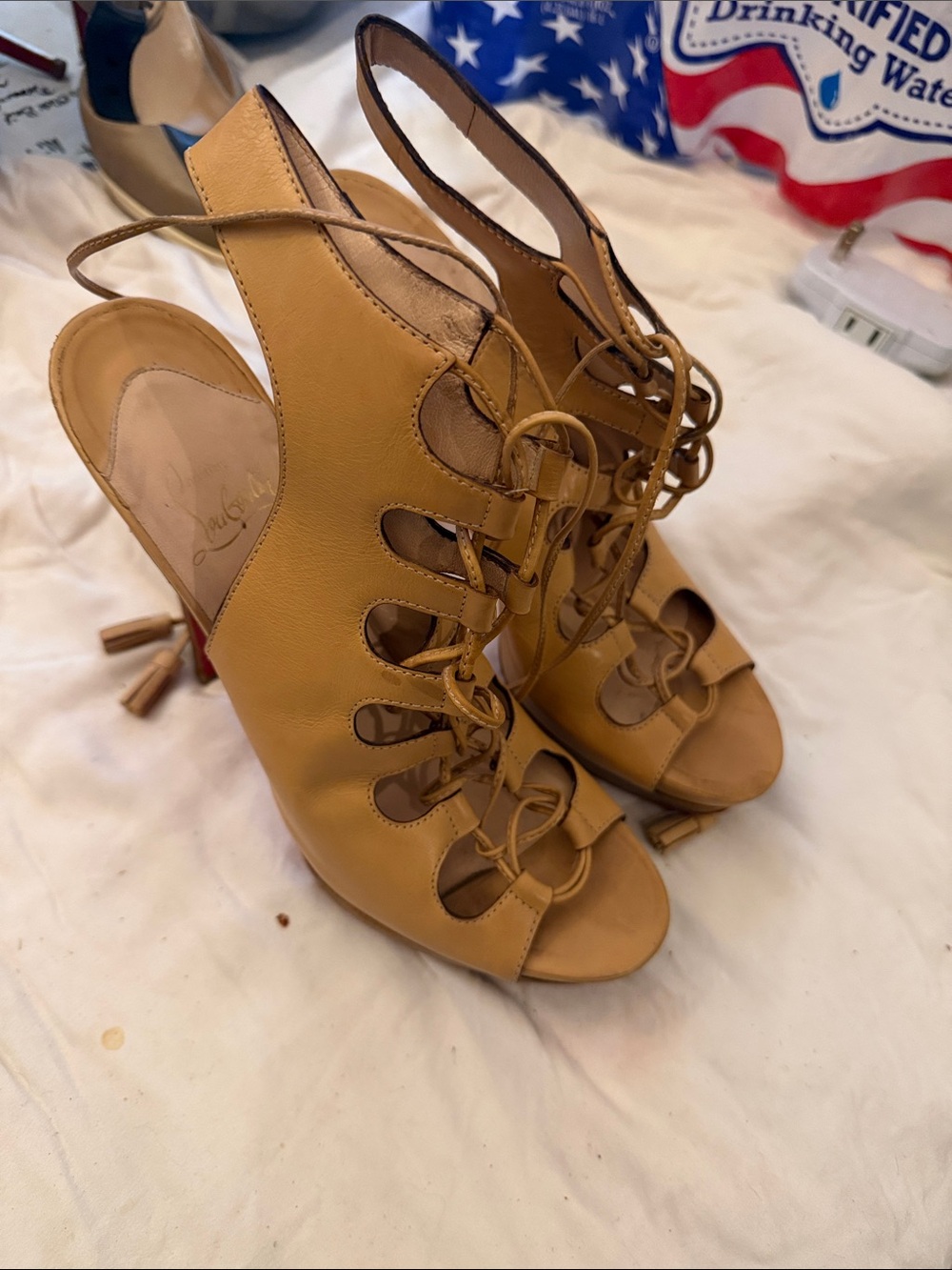 Christian Louboutin Tan Lace-Up Cutout Slingback Heels
